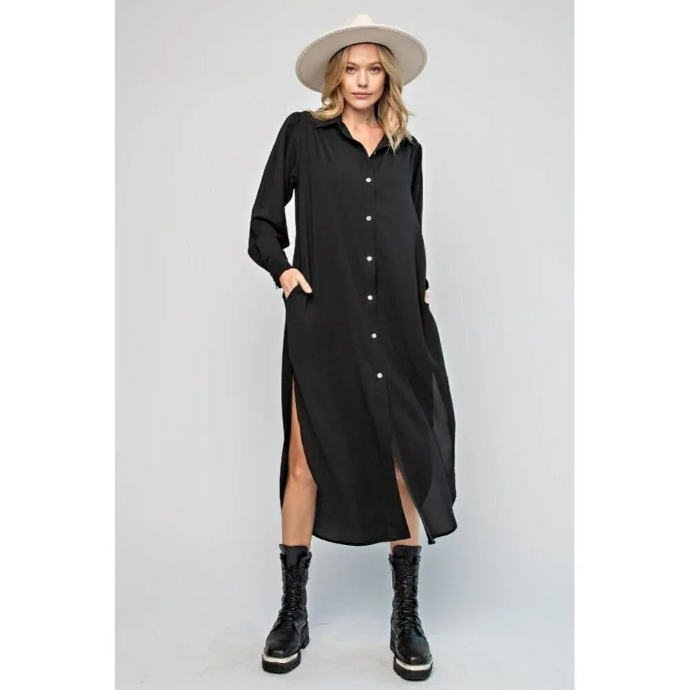 Found My Forever Button Down Wool Dobby Dress in Black